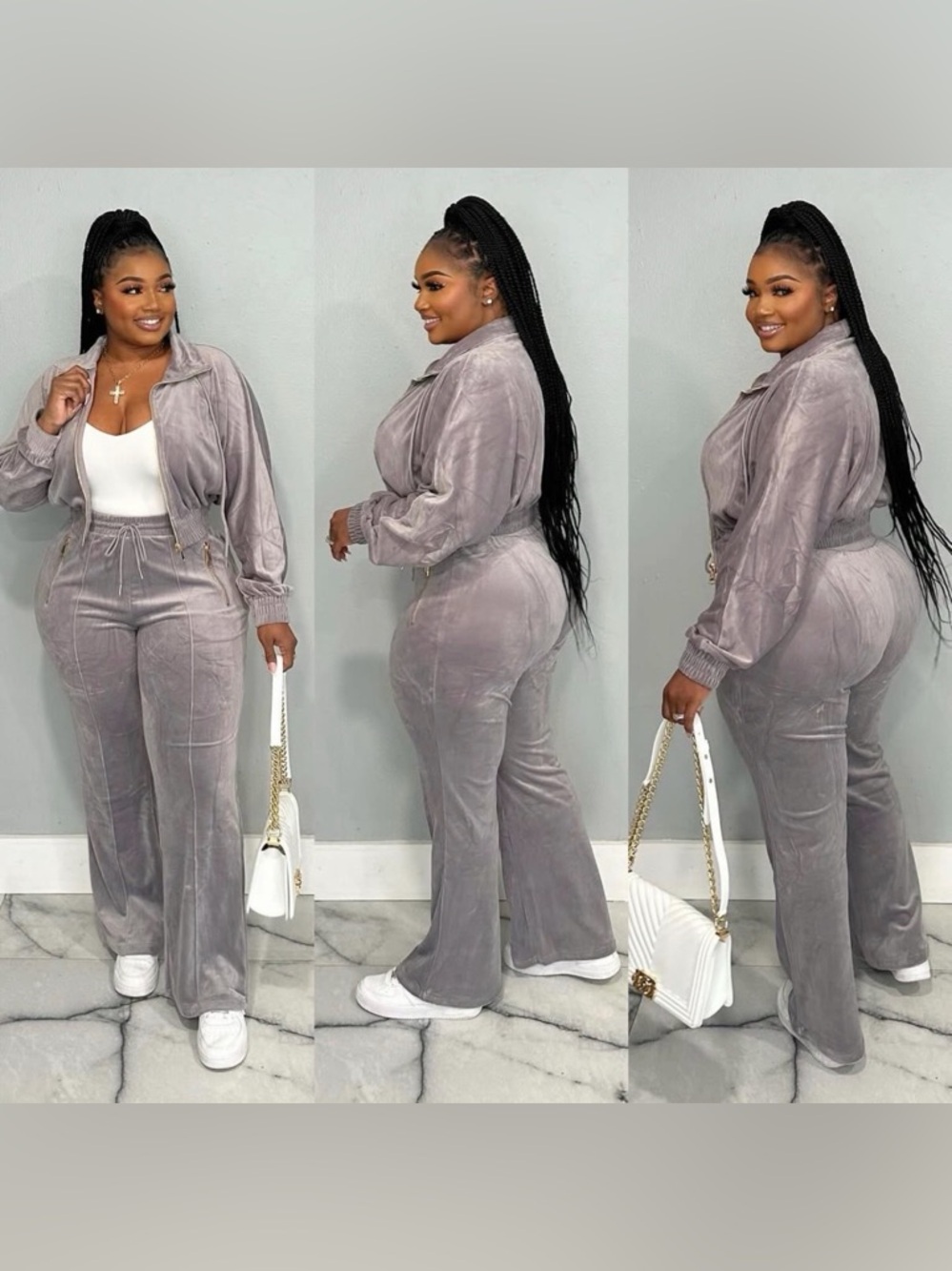 Velour Plush Track Set - Taupe Women Pants Set